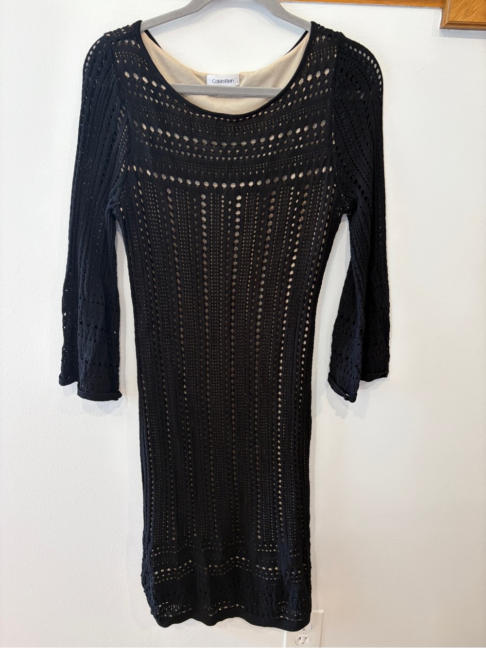 Calvin Klein Black Crochet Knit 3/4 Length Sleeve Dress - Women’s Large